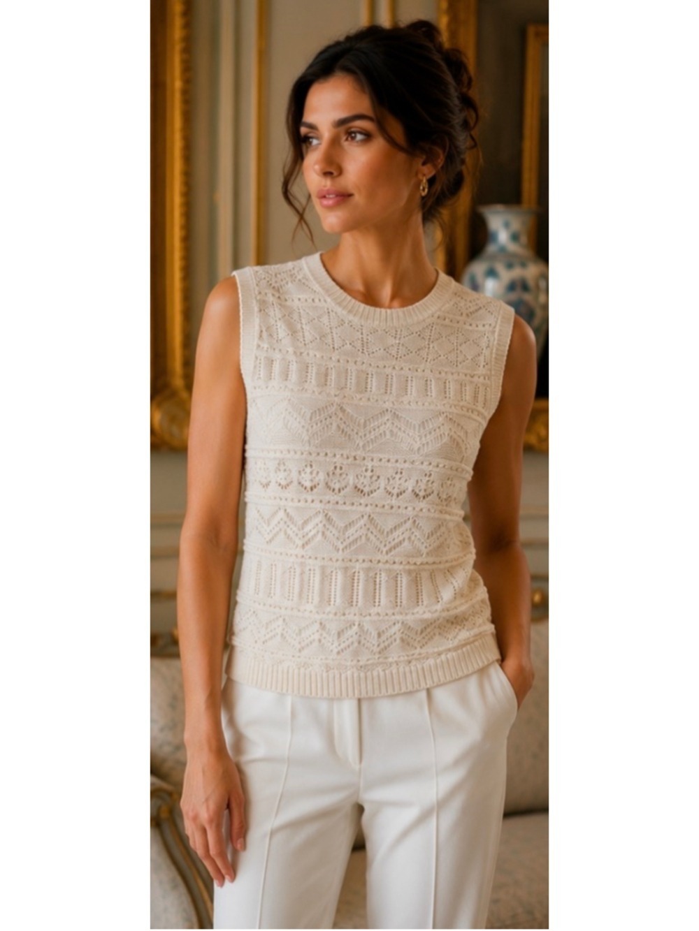 Ralph Lauren Purple Label Sleeveless Knit Sweater, Size M, Cream New Quiet lux
